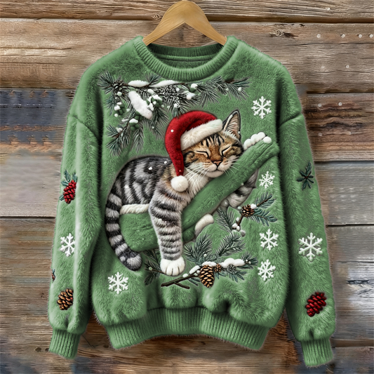 Jytte | Weihnachtspullover Damen mit Katzenmotiv Rundhals