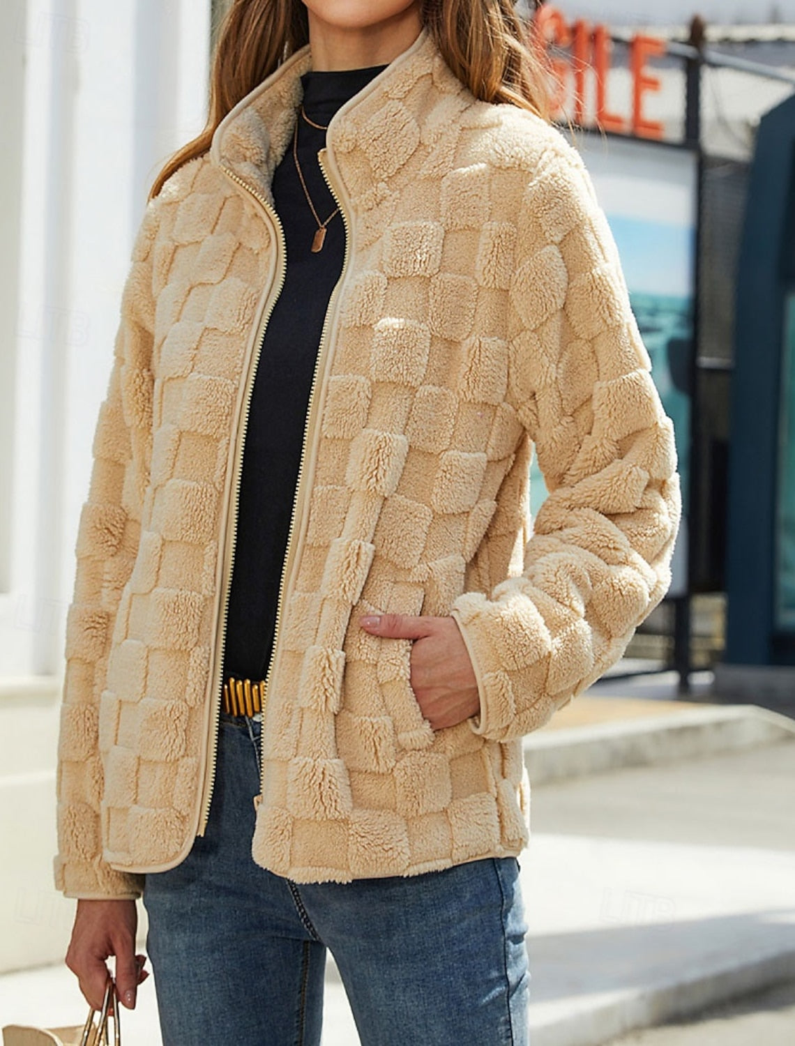 Federica | Winterjacke Damen Teddy Stehkragen Reißverschluss Oversized