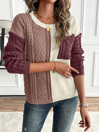 Lynn | Damen Zopfmuster Strickpullover mit Colorblock-Design Rundhals