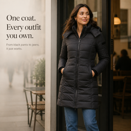 Sierra | Taillierte Midi-Steppjacke mit Kapuze für Damen