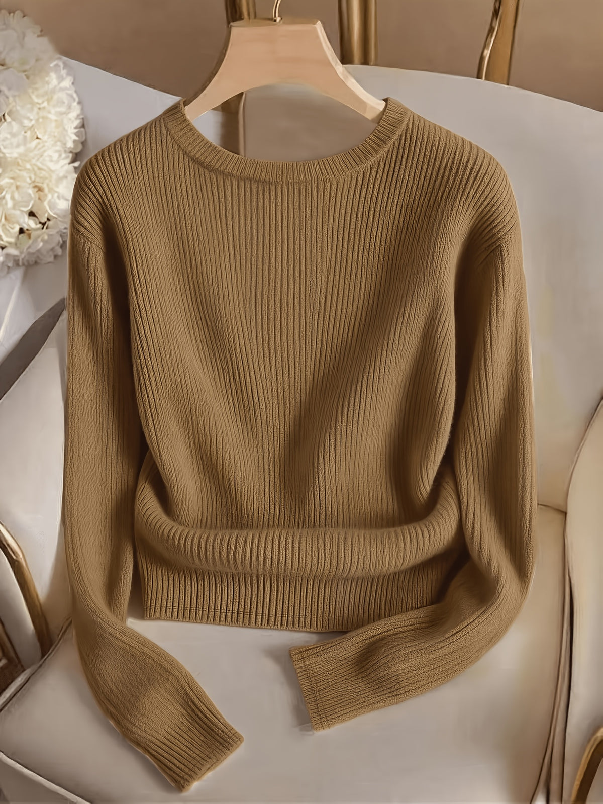 Jasmine | Damen Rippstrick Pullover mit Stehkragen, Knopfmanschetten