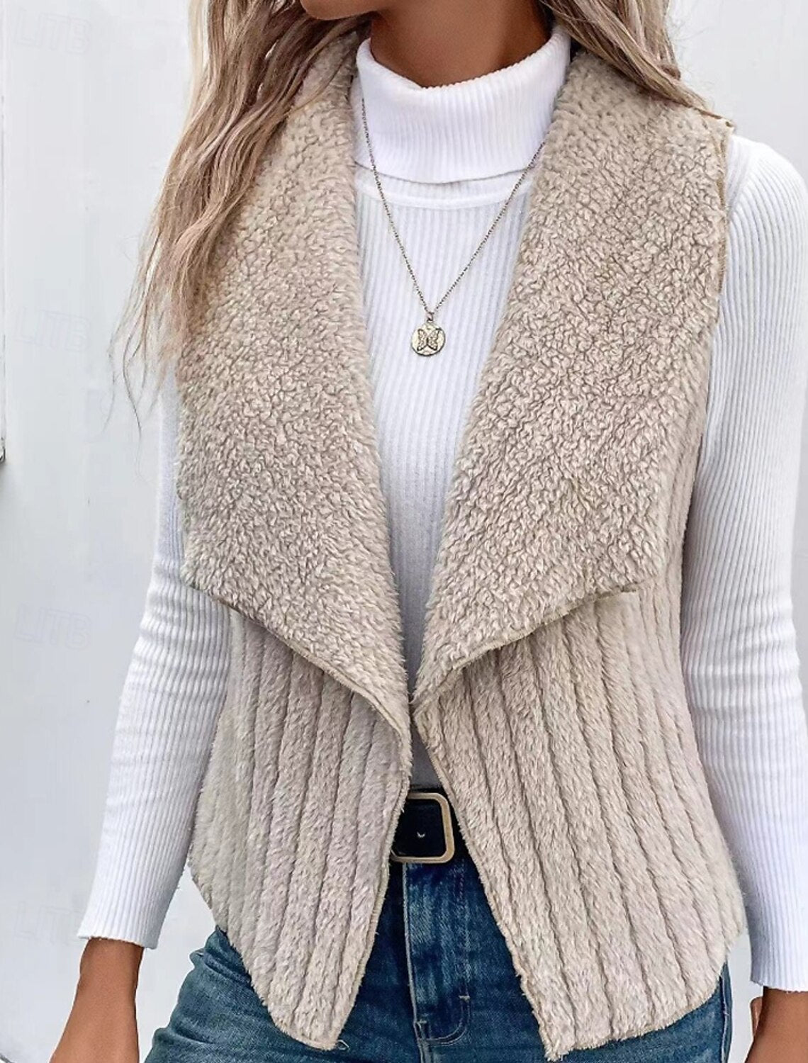 Francesca | Damen Teddy Cardigan Weste mit Wasserfallkragen, Grau