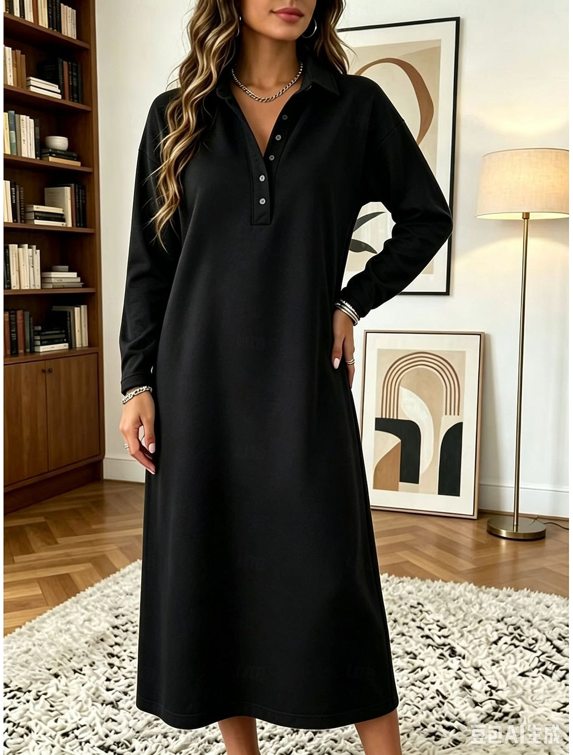 Lois | Damen Oversize Midikleid mit Hemdblusenkragen