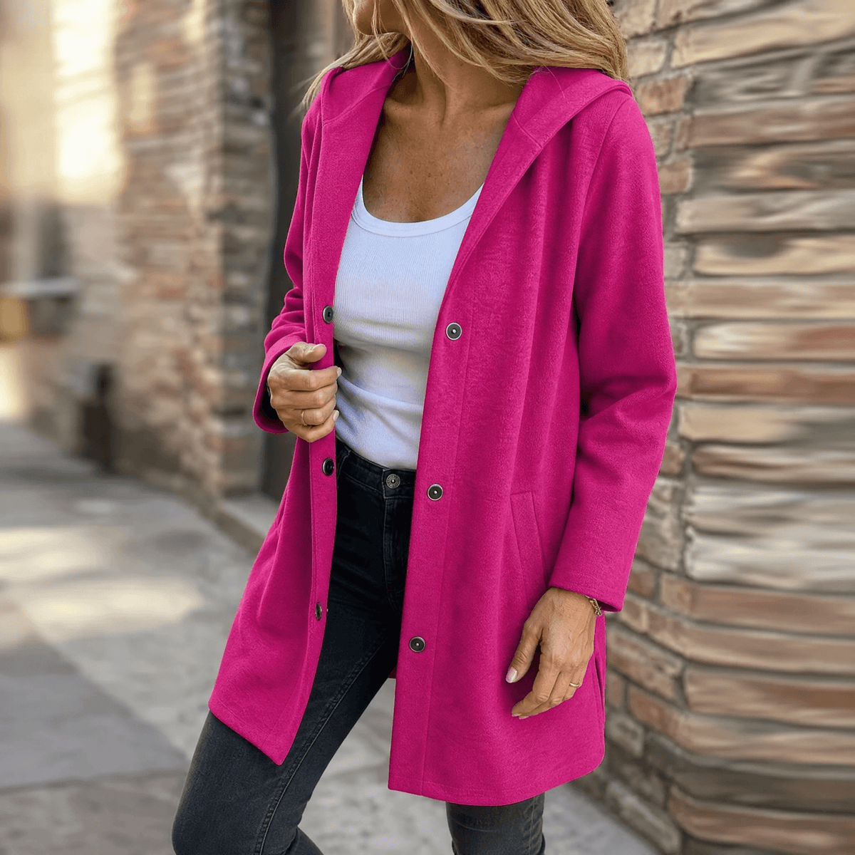 Greta | Oversized Strickjacke mit Kapuze, Knopfleiste und Taschen