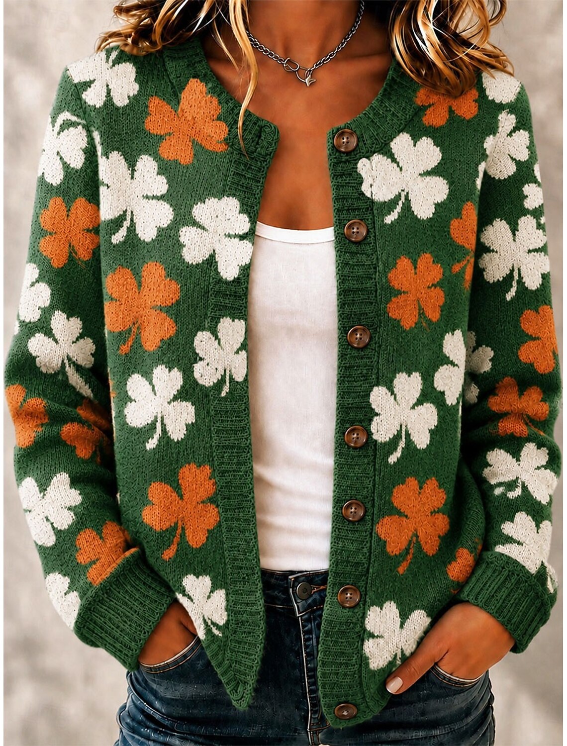 Genevieve | Damen Cardigan Herzmuster Knopfleiste Rundhals