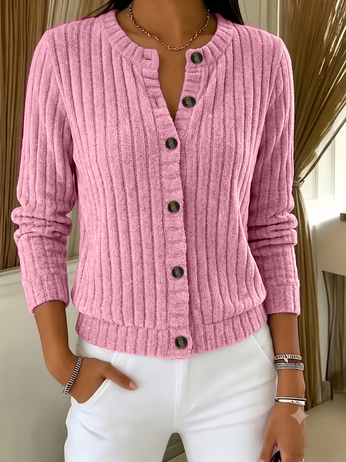 Emma | Damen Strickcardigan geripptes Zopfmuster Knopfleiste