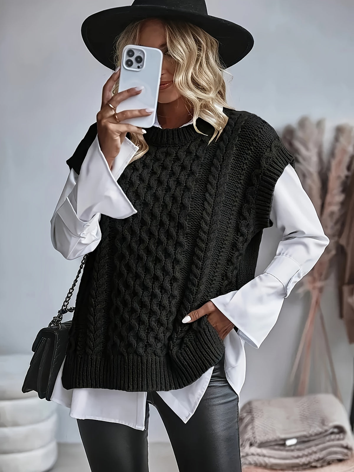 Inka | Damen Zopfmuster Strickweste oversized mit Rundhals