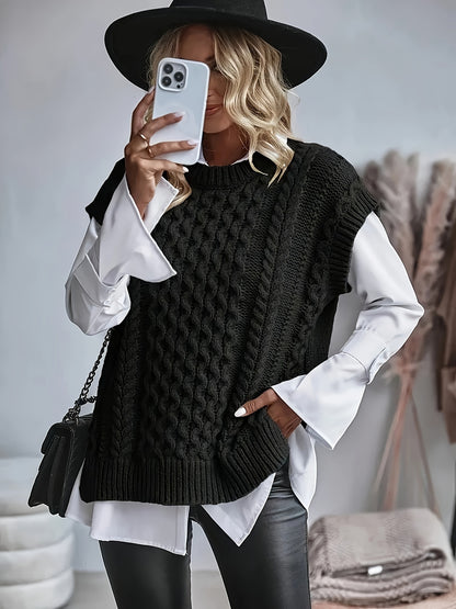Inka | Damen Zopfmuster Strickweste oversized mit Rundhals
