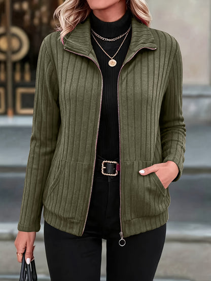 Dorothea | Damen Strickjacke gerippt mit Reißverschluss Stehkragen