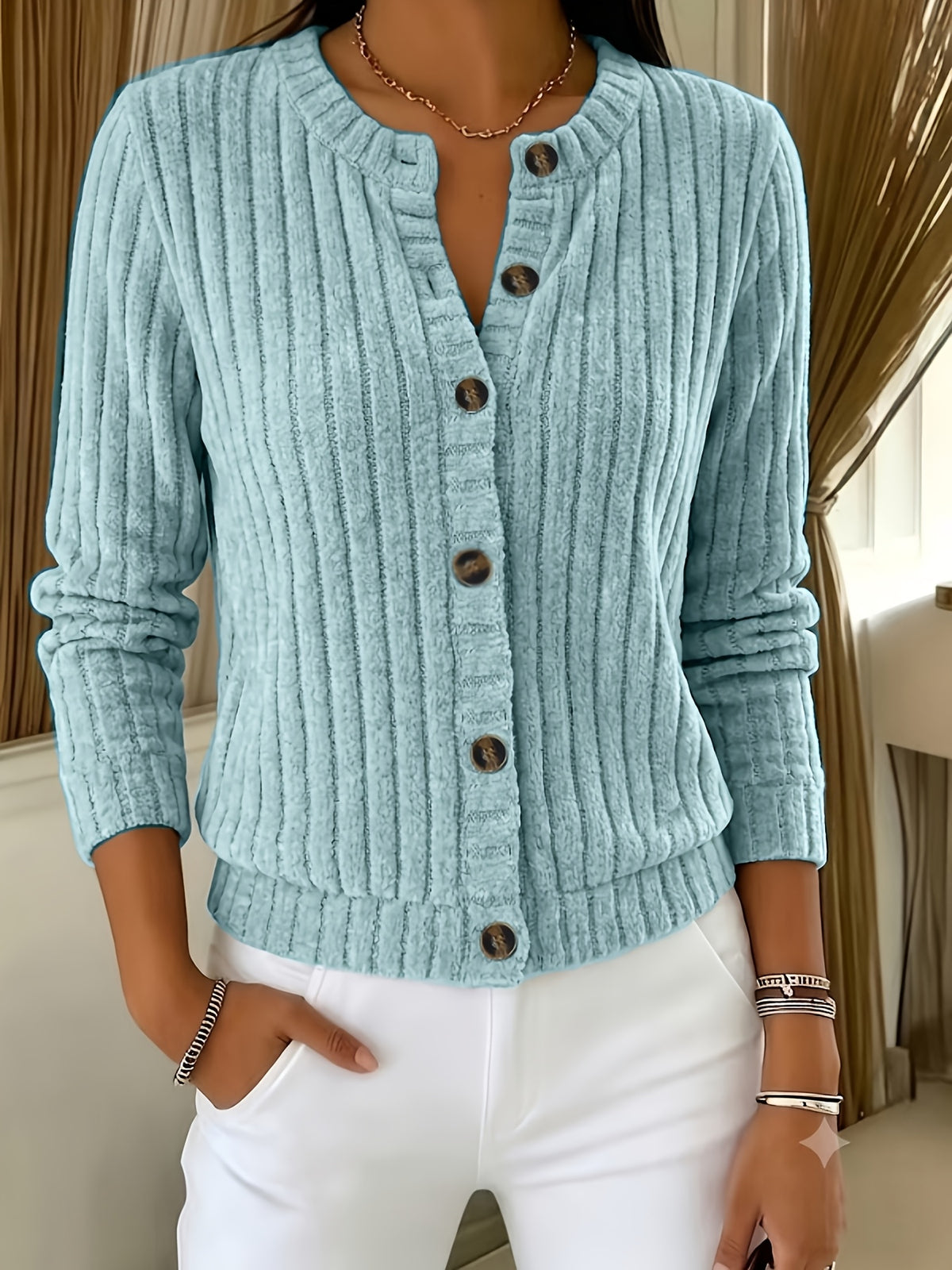 Emma | Damen Strickcardigan geripptes Zopfmuster Knopfleiste
