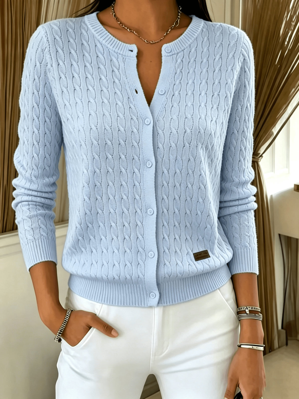 Elise | Damen Cardigan Zopfmuster Rundhals Knopfleiste