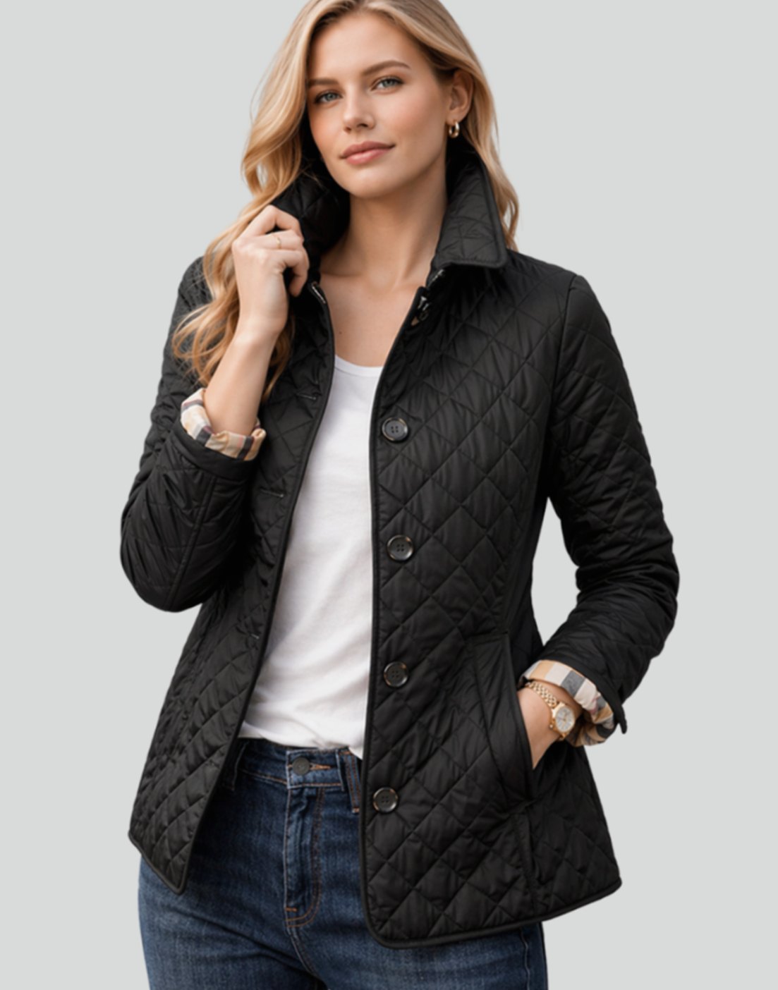Giselle | Damen Gesteppte Kragen-Jacke mit Knopfleiste