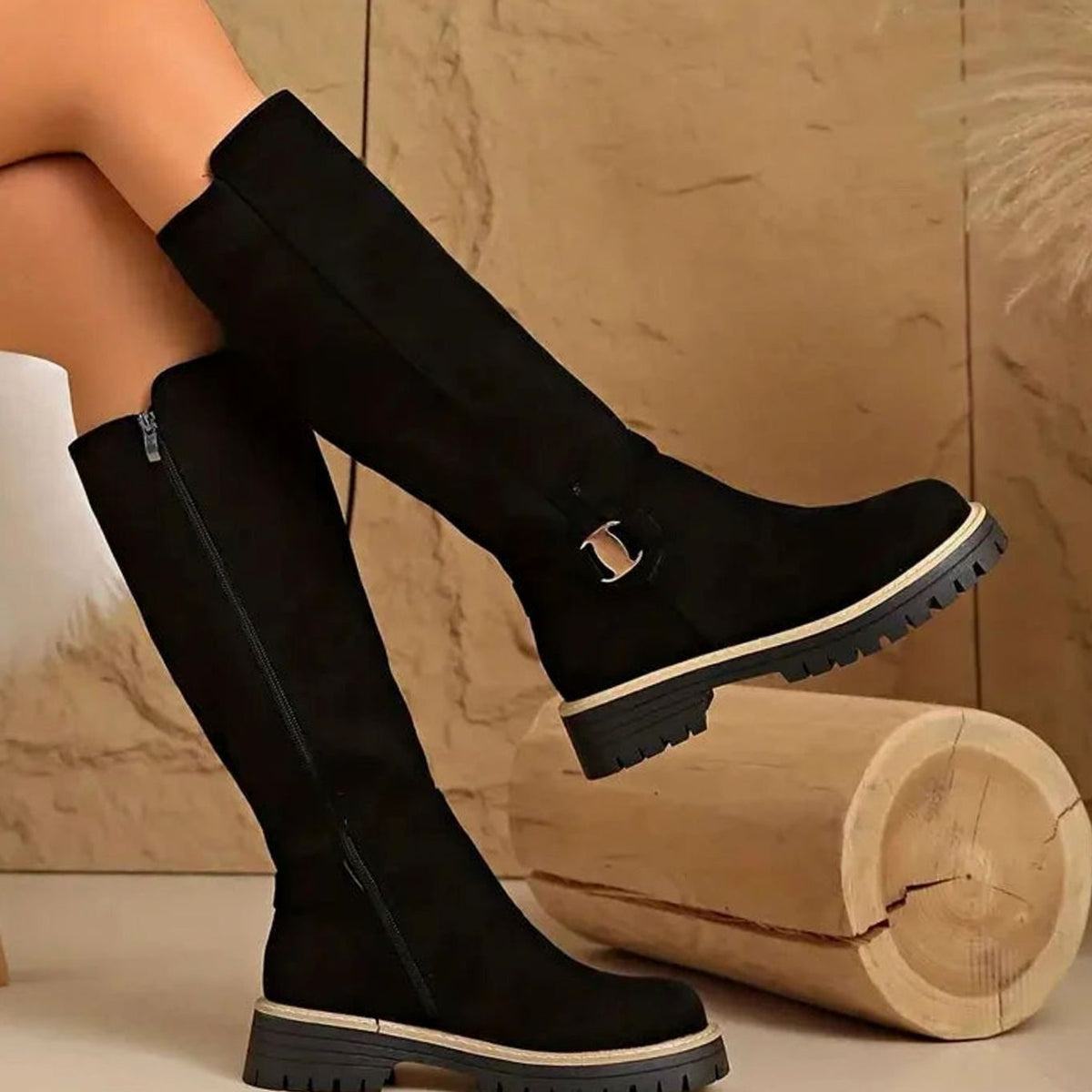 Jasmijn | Damen Kniehohe Stiefel mit Schnalle und Reißverschluss