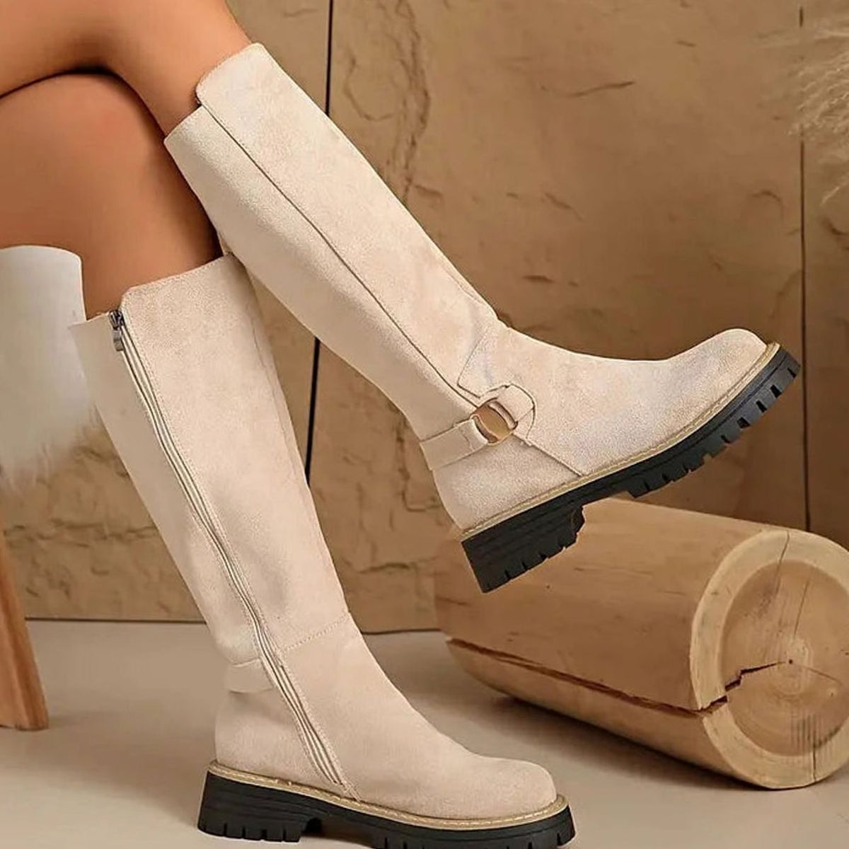 Jasmijn | Damen Kniehohe Stiefel mit Schnalle und Reißverschluss