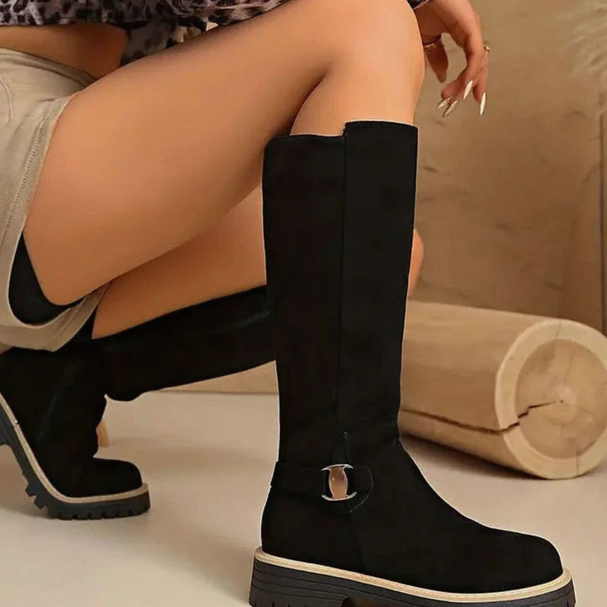 Jasmijn | Damen Kniehohe Stiefel mit Schnalle und Reißverschluss