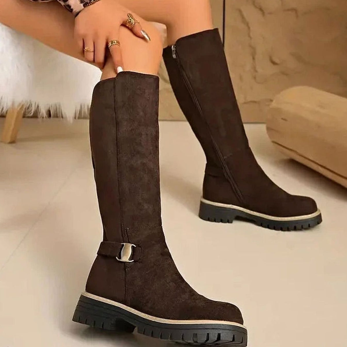 Jasmijn | Damen Kniehohe Stiefel mit Schnalle und Reißverschluss