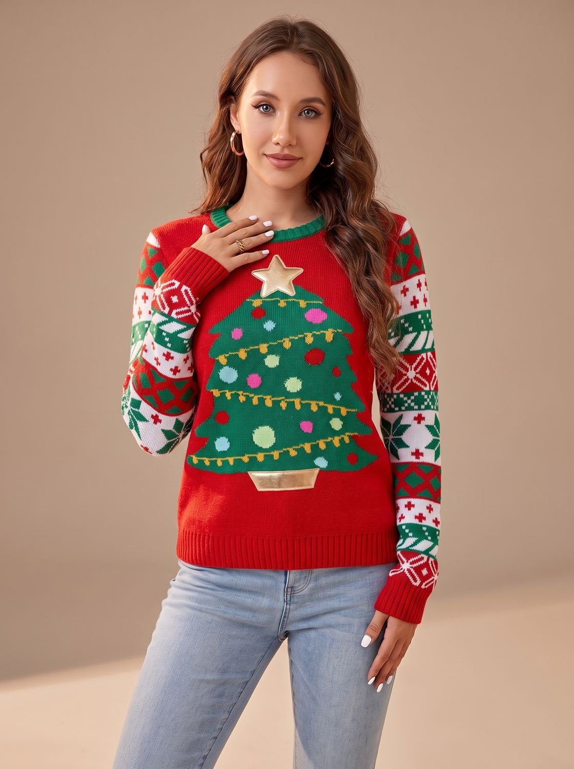 Jeannine | Weihnachtspullover Damen Rentier Strickmuster Langarm