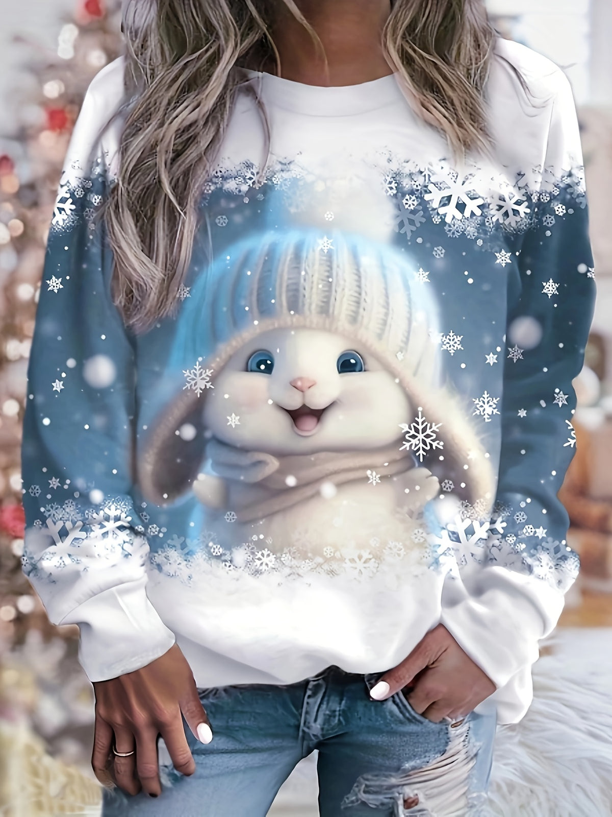 Alix | Weihnachtspullover mit Schneemann-Print Rundhals Damen