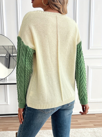 Lynn | Damen Zopfmuster Strickpullover mit Colorblock-Design Rundhals