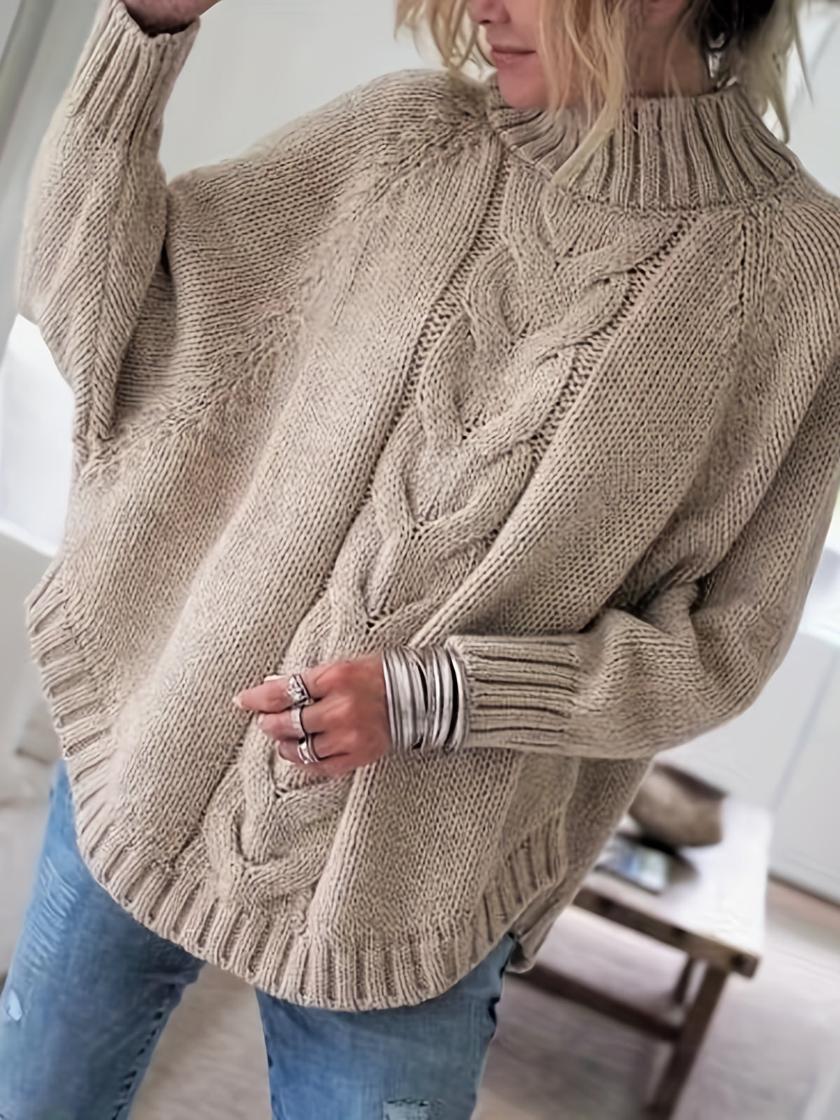 Isadora | Damen Zopfmuster Pullover mit Stehkragen Oversized