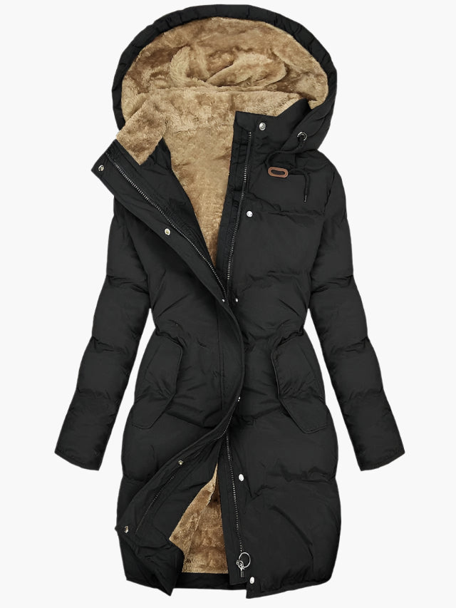 Malin | Langer Winter­mantel mit Fellkapuze für Damen