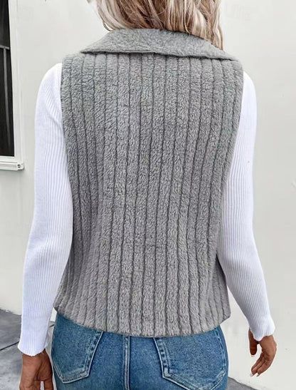 Francesca | Damen Teddy Cardigan Weste mit Wasserfallkragen, Grau