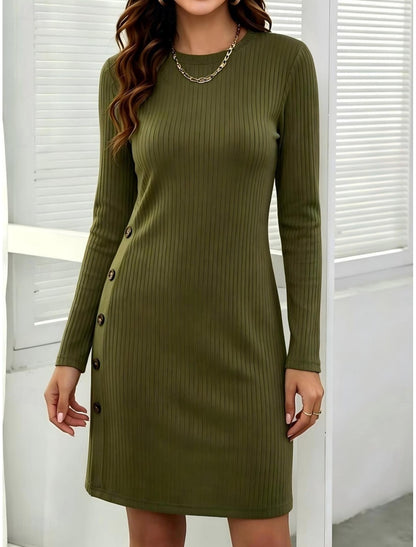 Klara | Damen Figurbetontes Strickkleid mit Knopfleiste, Rundhals