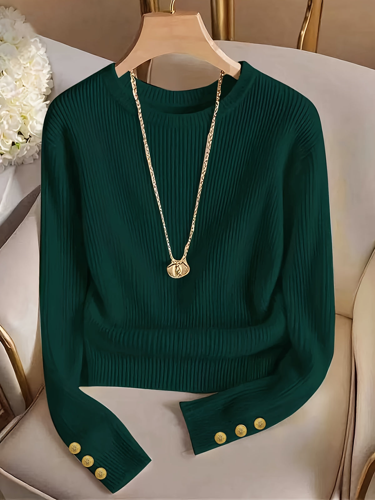 Jasmine | Damen Rippstrick Pullover mit Stehkragen, Knopfmanschetten