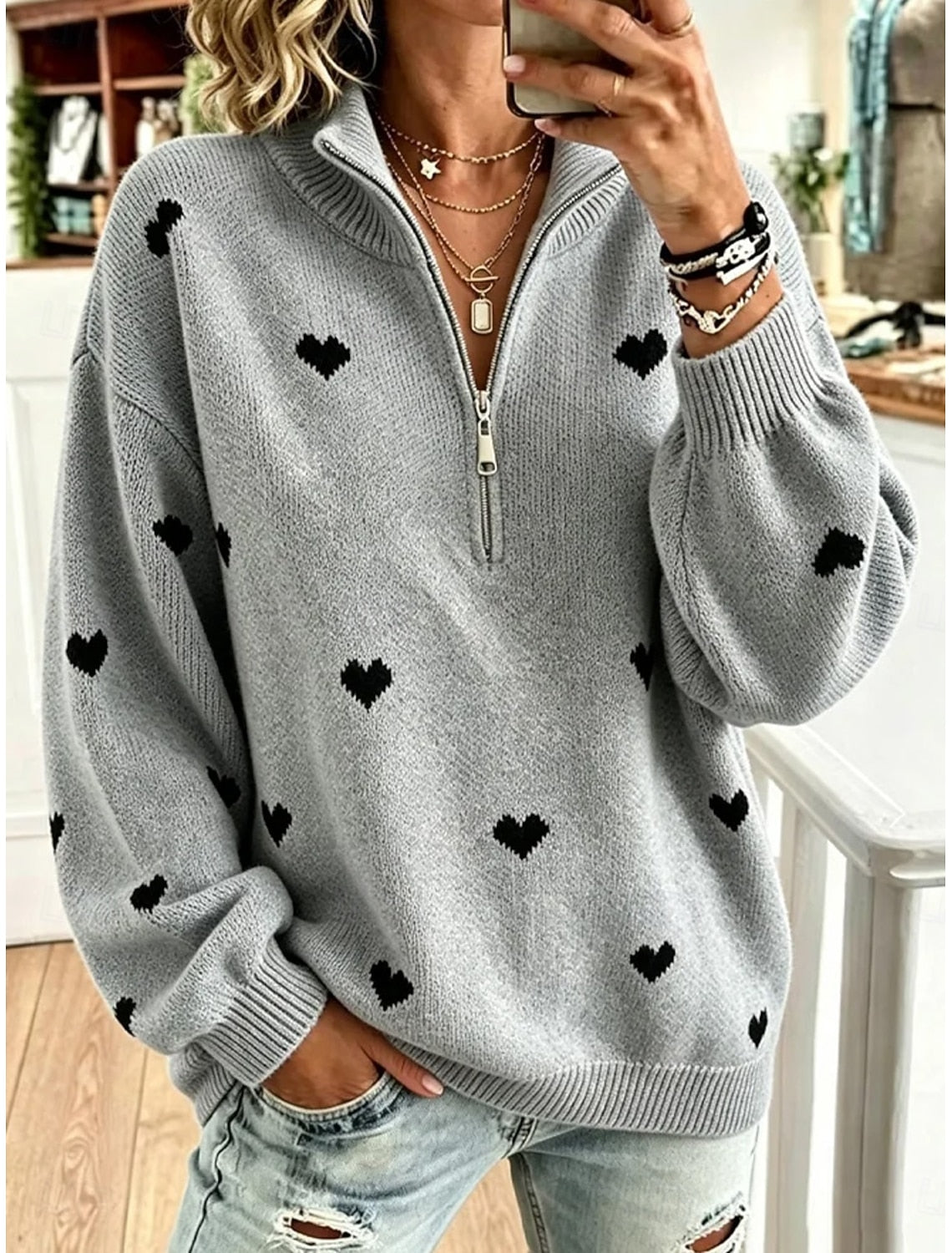 Ilona | Damen Strickpullover mit Herzmuster und Stehkragen