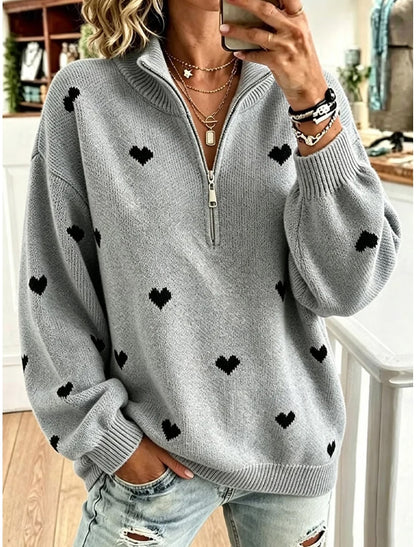 Ilona | Damen Strickpullover mit Herzmuster und Stehkragen