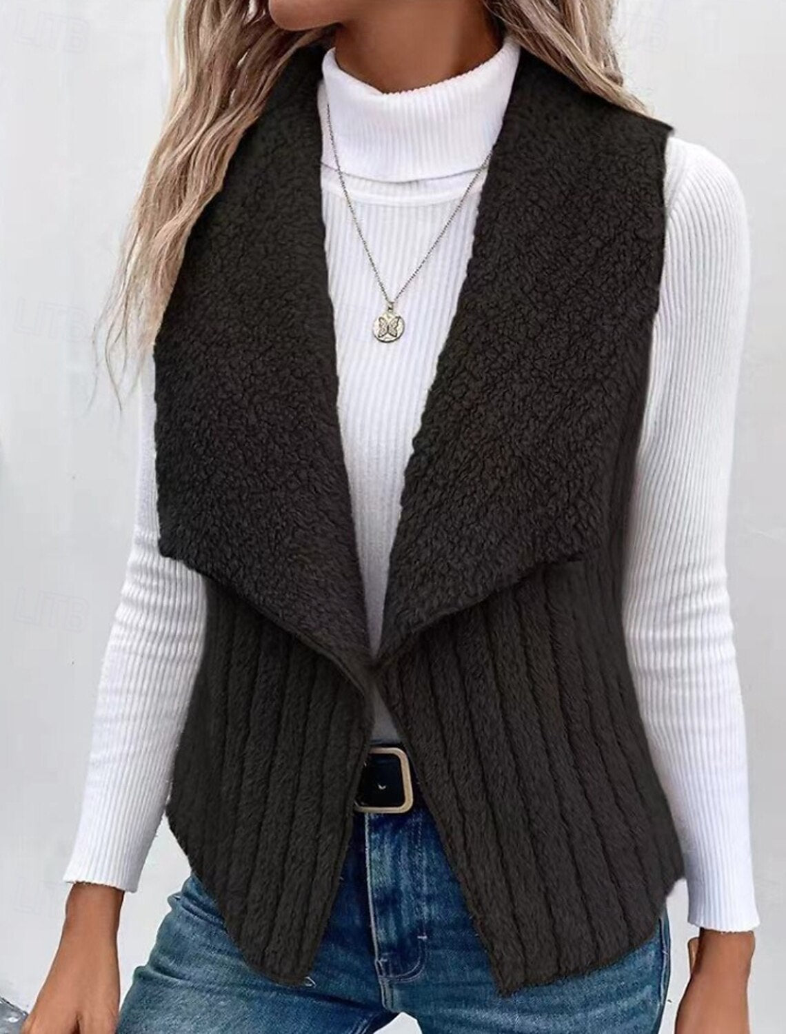 Francesca | Damen Teddy Cardigan Weste mit Wasserfallkragen, Grau