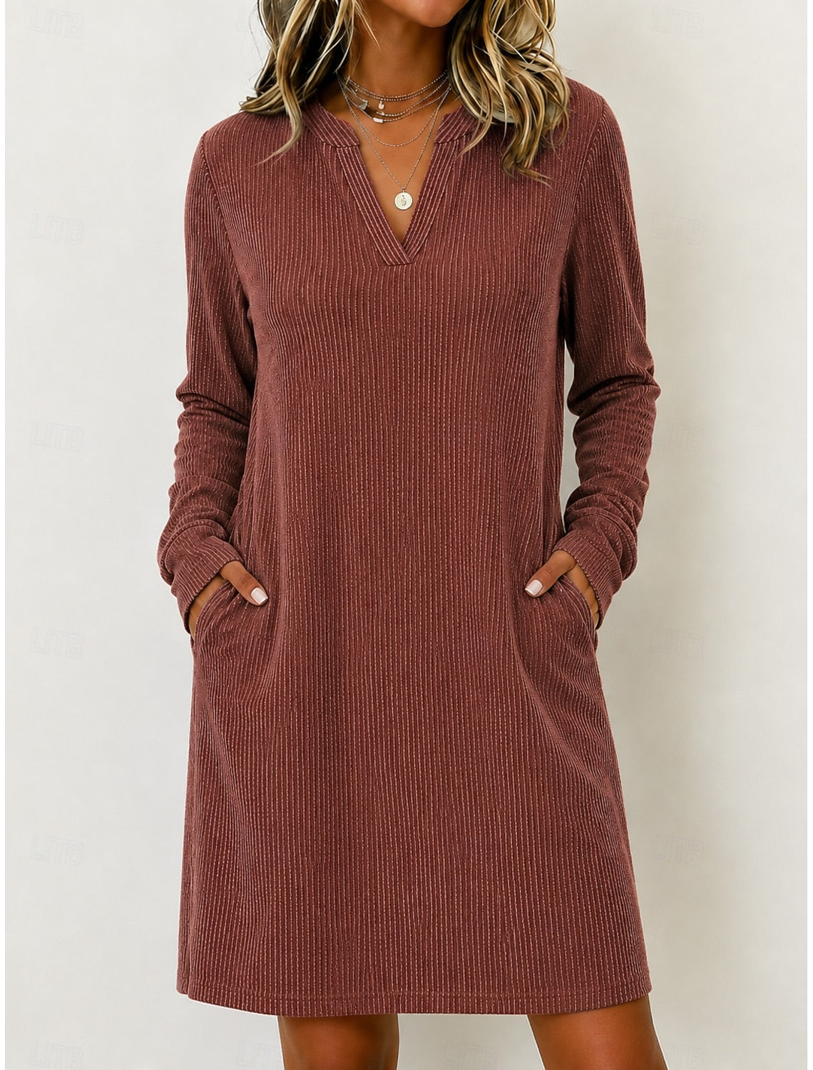 Lola | Damen Cordkleid Midi mit V-Ausschnitt und Taschen