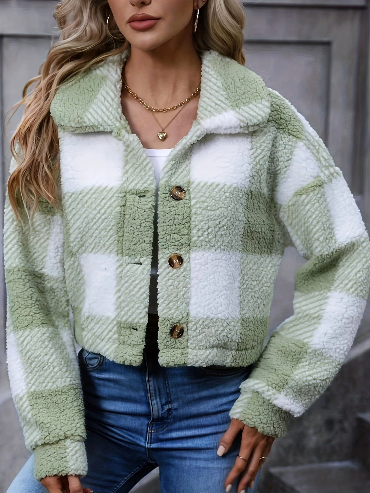 Ludivine | Damen Karo Jacke Kurz mit Knopfleiste und Stehkragen