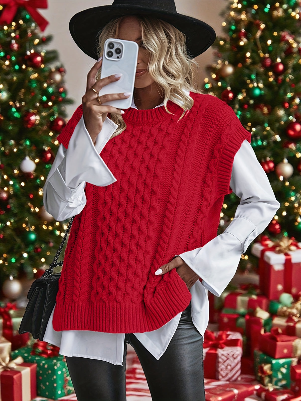 Inka | Damen Zopfmuster Strickweste oversized mit Rundhals