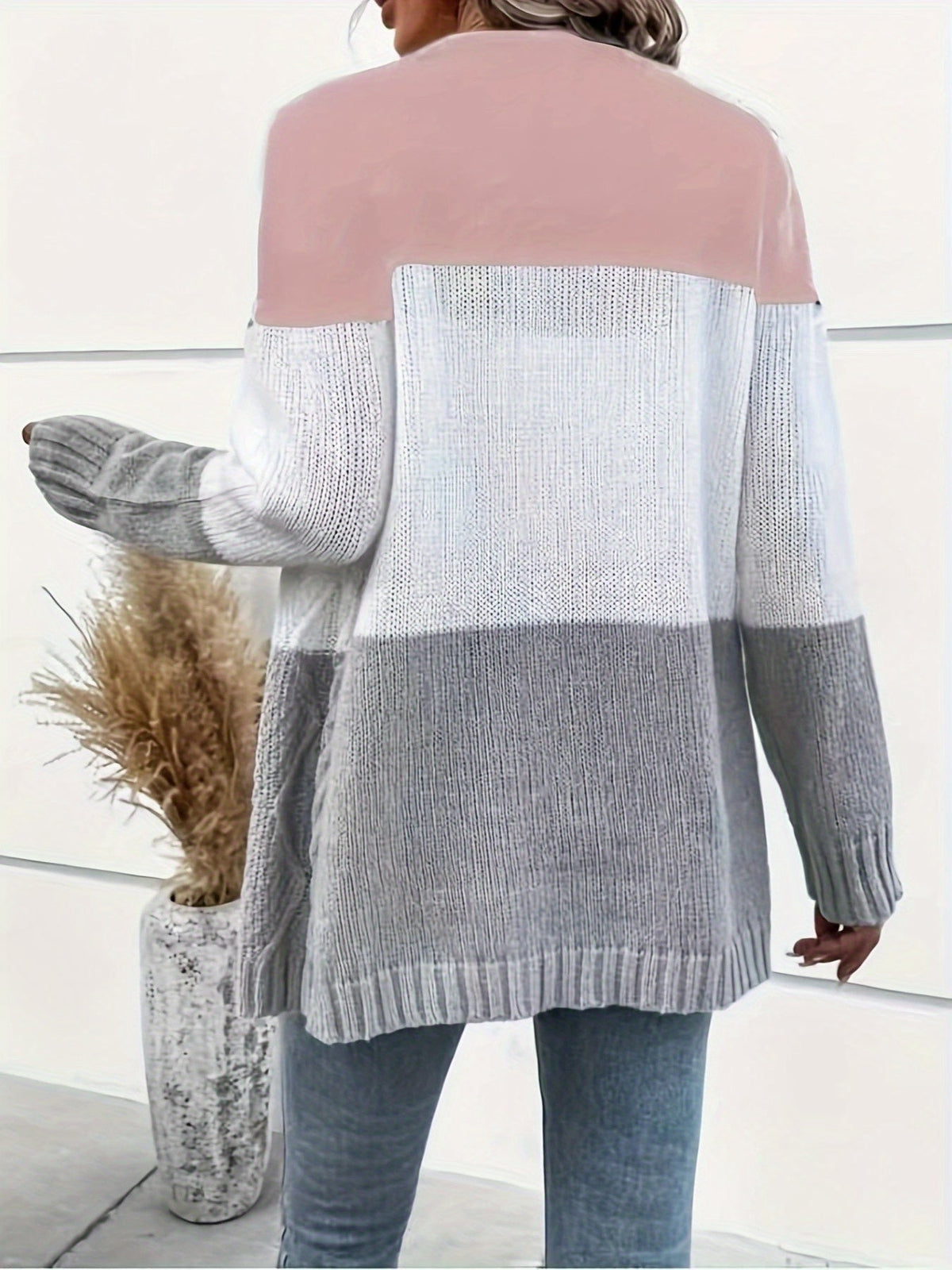 Ilse | Strickjacke Damen Patchwork-Muster Rundhalsausschnitt Strick