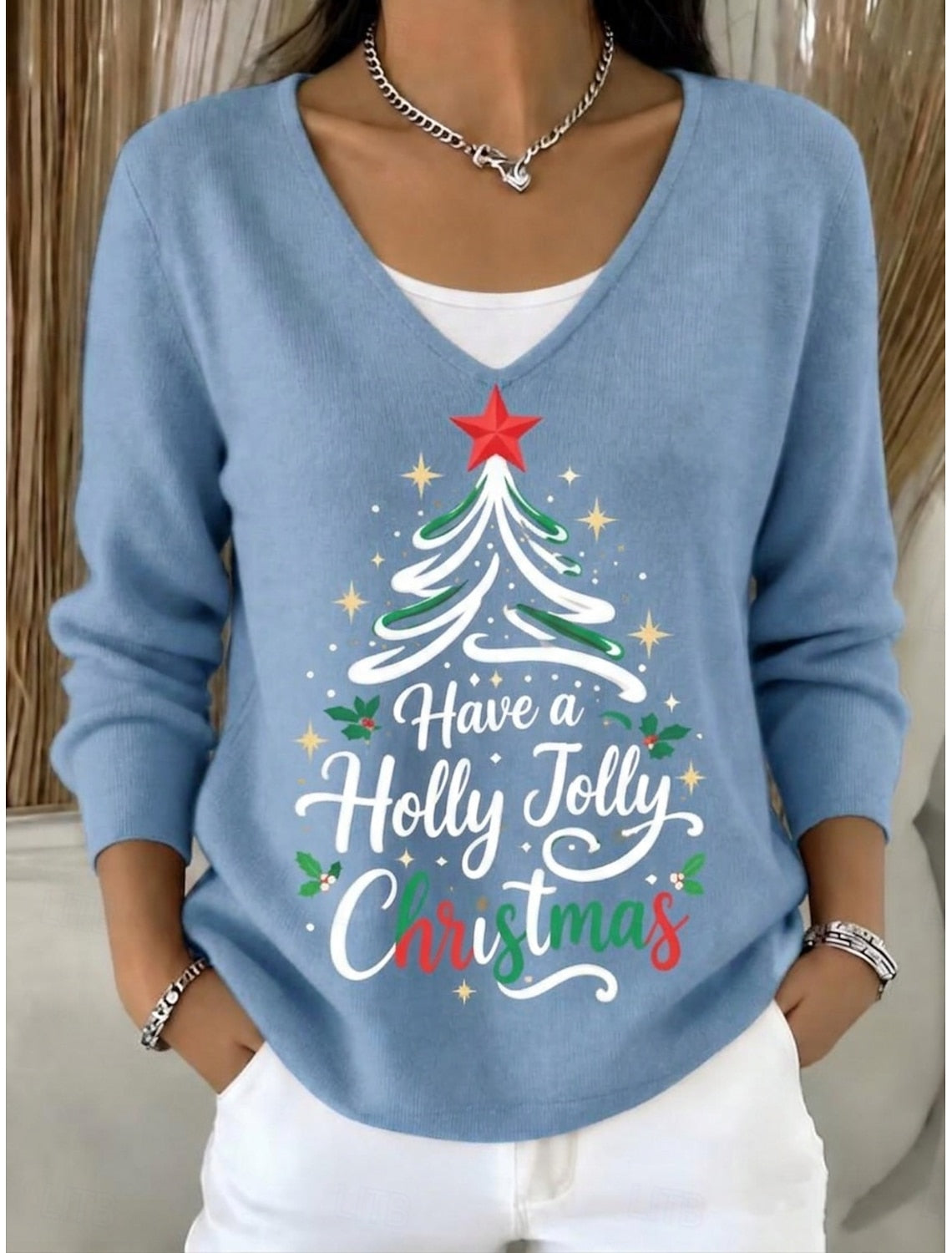 Josette | Weihnachtspullover Damen mit V-Ausschnitt und Knöpfen