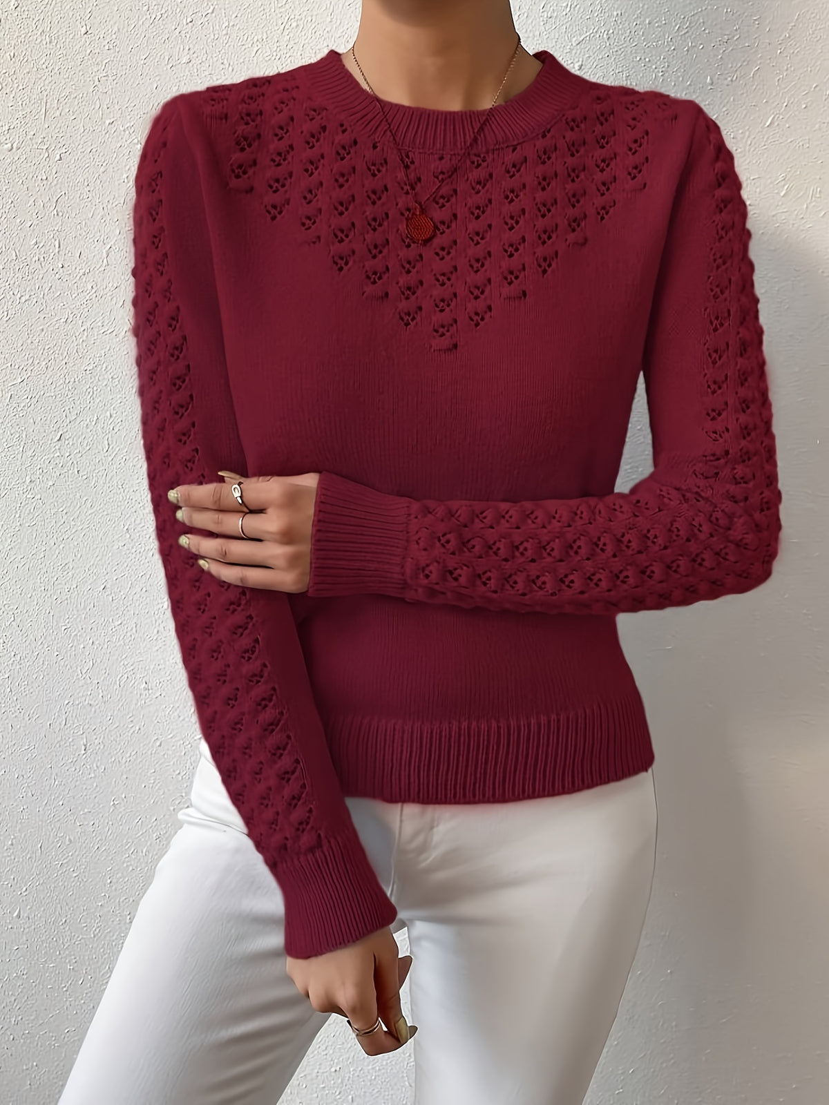 Karolina | Damen Strickpullover mit Lochmuster Ajour, Hellblau