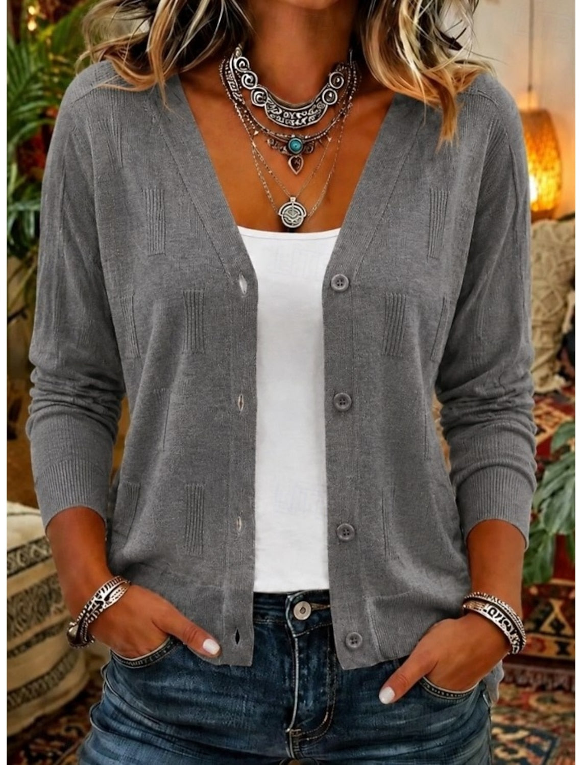 Marisol | Damen Cardigan mit Knopfleiste und V-Ausschnitt