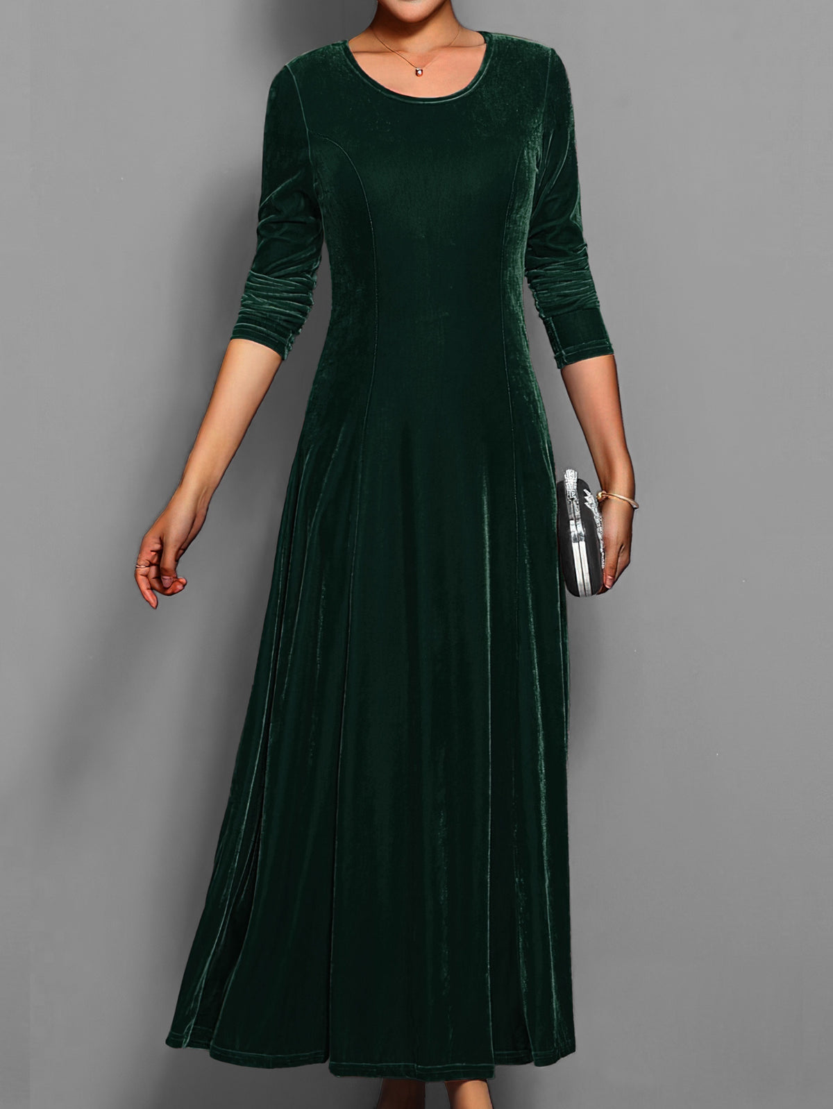 Leila | Elegantes Damen Samtkleid mit Rundhalsausschnitt Langarm