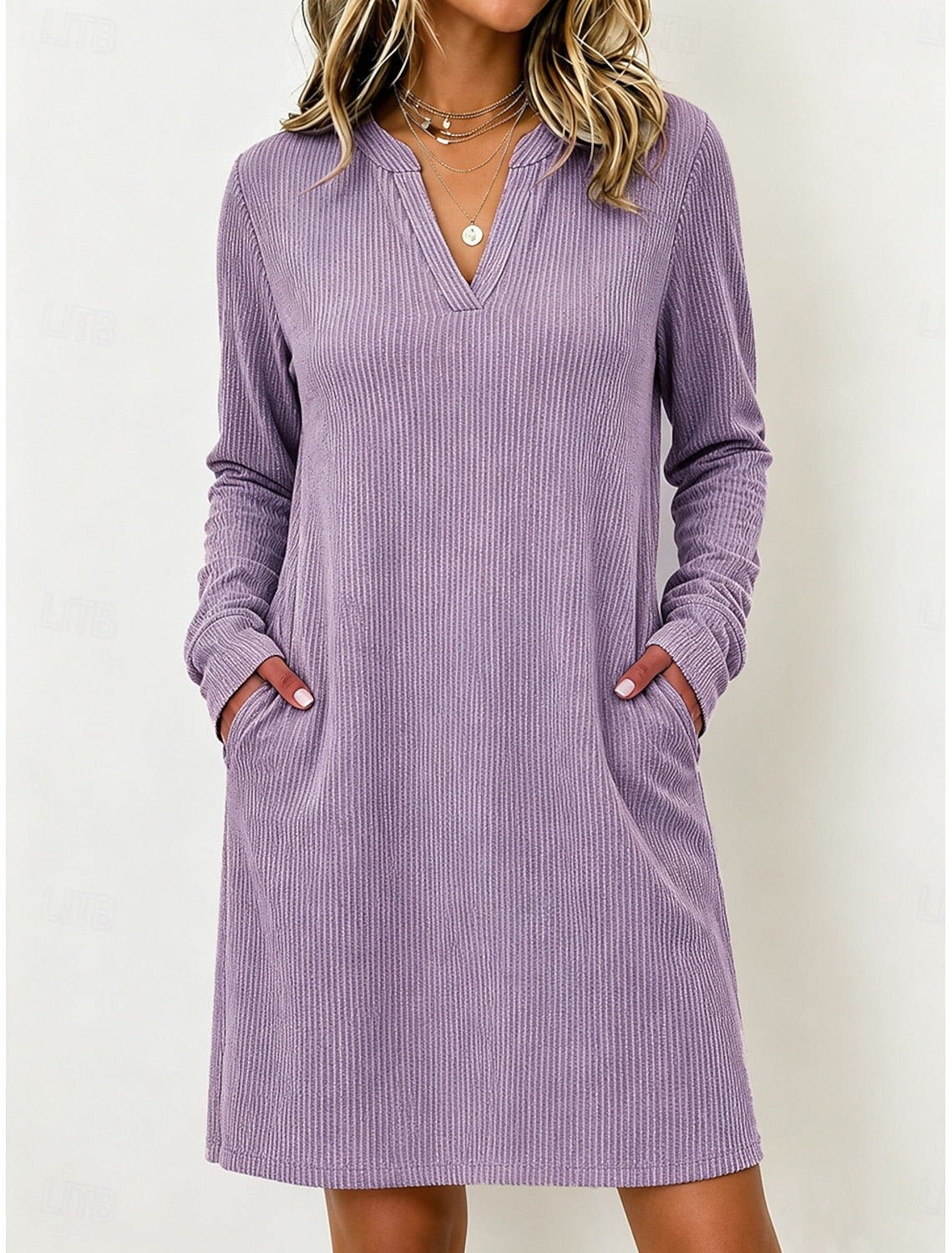 Lola | Damen Cordkleid Midi mit V-Ausschnitt und Taschen