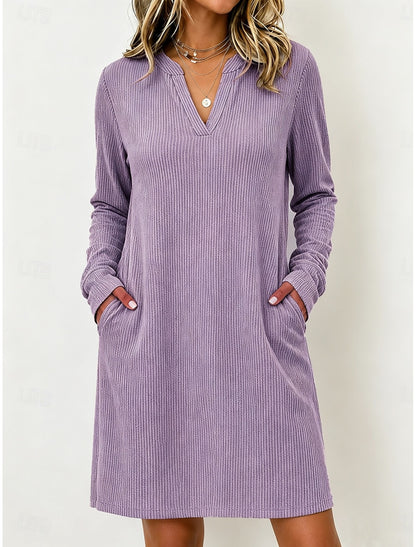 Lola | Damen Cordkleid Midi mit V-Ausschnitt und Taschen