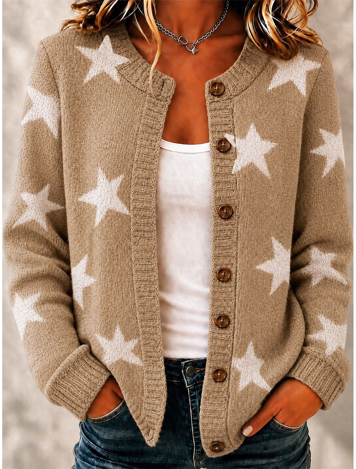 Genevieve | Damen Cardigan Herzmuster Knopfleiste Rundhals