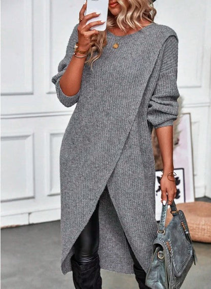 Kate | Damen Oversized Rippstrick Midikleid mit Rundhalsausschnitt