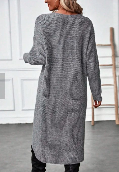 Kate | Damen Oversized Rippstrick Midikleid mit Rundhalsausschnitt