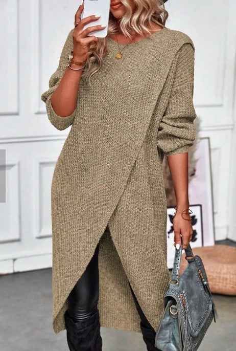 Kate | Damen Oversized Rippstrick Midikleid mit Rundhalsausschnitt