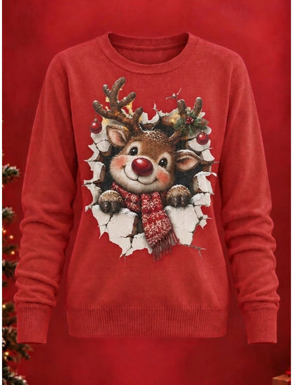Taryn | Weihnachtspullover Damen Rentier Rundhals Gerippter Saum