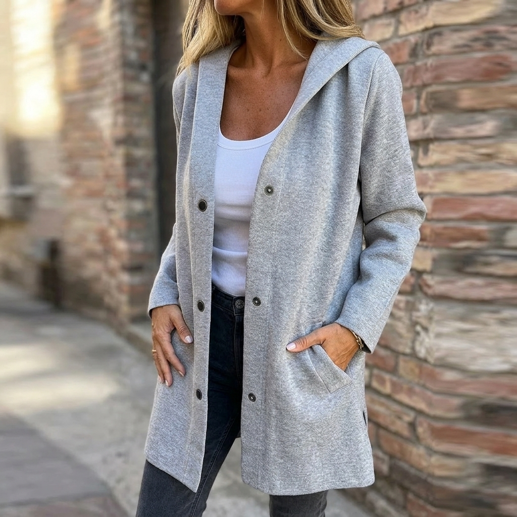 Greta | Oversized Strickjacke mit Kapuze, Knopfleiste und Taschen