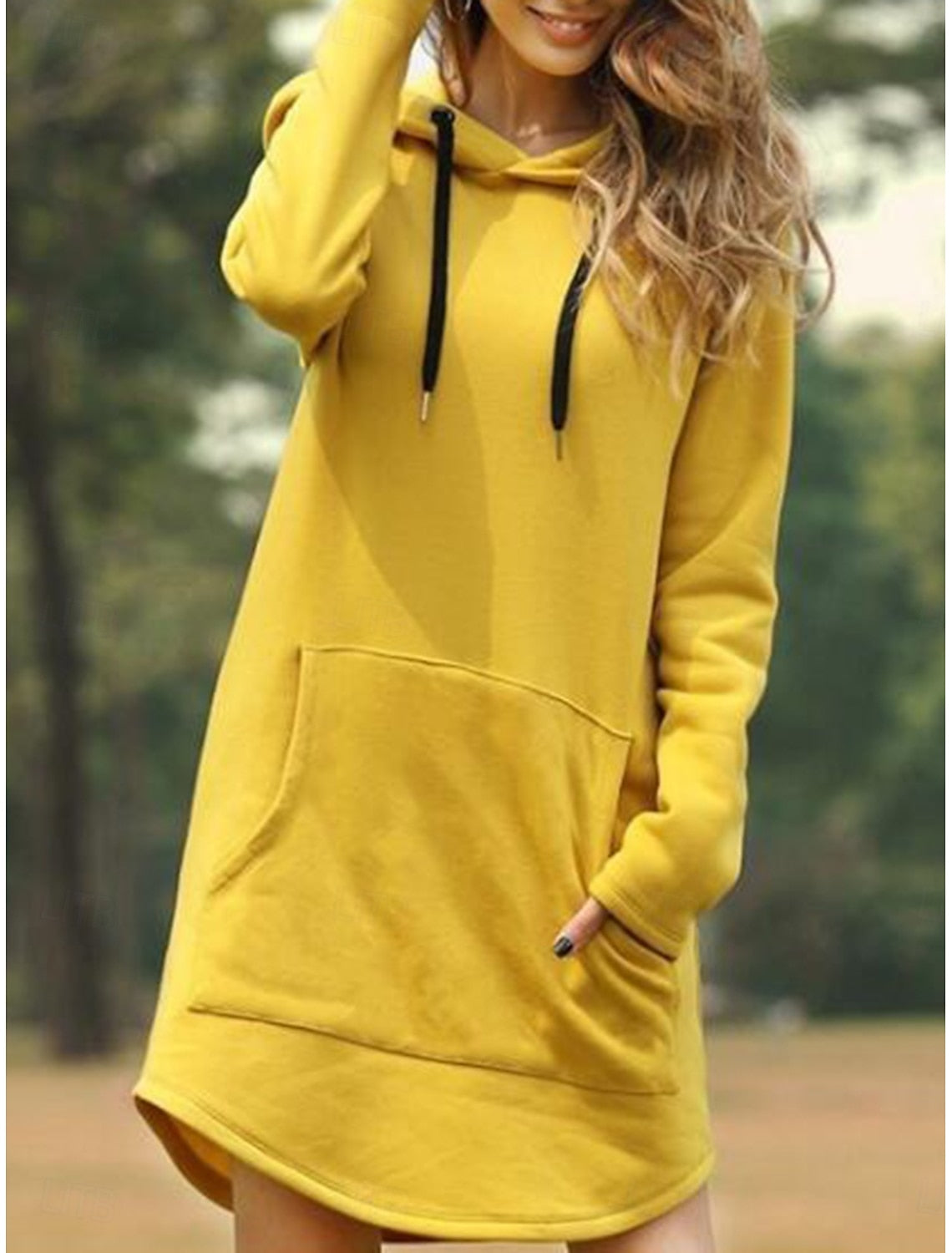 Kiki | Damen Kapuzenkleid Knielang mit Tunnelzug Langarm