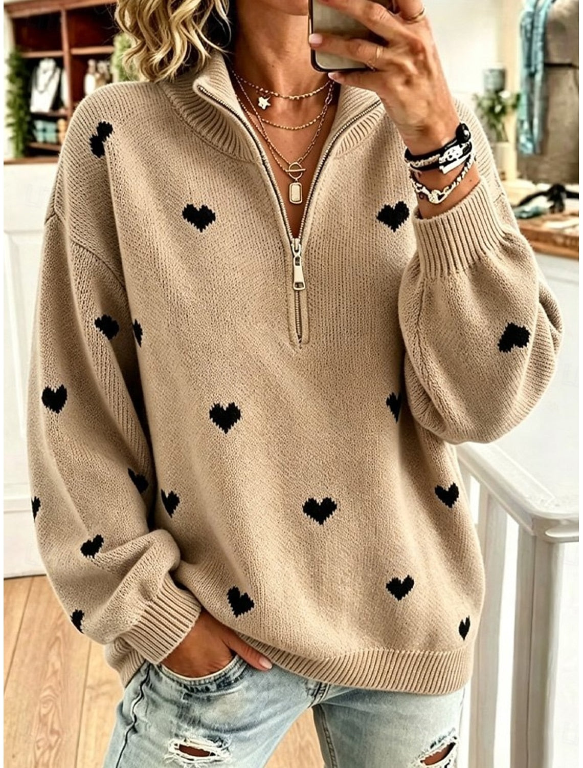 Ilona | Damen Strickpullover mit Herzmuster und Stehkragen