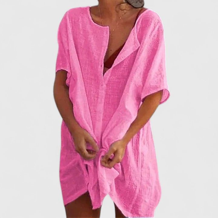 Magdalena | Damen Midikleid Tunika V-Neck Kurzarm Sommer